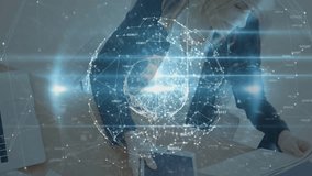 Woman analyzing holographic network sphere in tech office, highlighting glowing nodes and data. Technology, data visualization, digital infrastructure, innovation, futuristic, business intelligence, - Powered by Shutterstock - Get 15% off with code: PIKWIZARD15