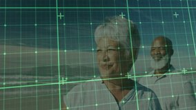 senior couple standing on sandy shore, displaying green digital grid interface for technology theme. Technology, innovation, connectivity, outdoor, landscape, serenity, modern - Powered by Shutterstock - Get 15% off with code: PIKWIZARD15
