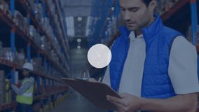 Animation of network of connections with icons over diverse workers in warehouse. global business, connections and digital interface concept digitally generated video. - Powered by Shutterstock - Get 15% off with code: PIKWIZARD15