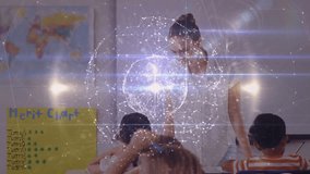 Animation of globe and network of connections over caucasian female teacher and diverse students. global education, connections, networks and communication concept digitally generated video. - Powered by Shutterstock - Get 15% off with code: PIKWIZARD15