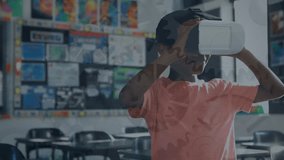 Animation of mathematical equations over african american schoolboy using vr headset. global education, technology and digital interface concept digitally generated video. - Powered by Shutterstock - Get 15% off with code: PIKWIZARD15