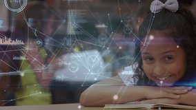 Animation of network of connections and data processing over girl smiling at school. School and education technology concept - Powered by Shutterstock - Get 15% off with code: PIKWIZARD15