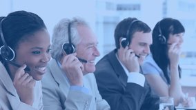 Animation of statistics and financial data processing over business people wearing headsets. Global connections business digital interface technology and networking concept digitally generated video. - Powered by Shutterstock - Get 15% off with code: PIKWIZARD15