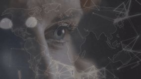 Animation of data and world map over eye of caucasian woman. Data processing, connections, finance and lifestyle concept digitally generated video. - Powered by Shutterstock - Get 15% off with code: PIKWIZARD15
