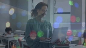 Animation of network of connections over teacher with diverse schoolchildren in classroom. Global education and digital interface concept digitally generated video. - Powered by Shutterstock - Get 15% off with code: PIKWIZARD15