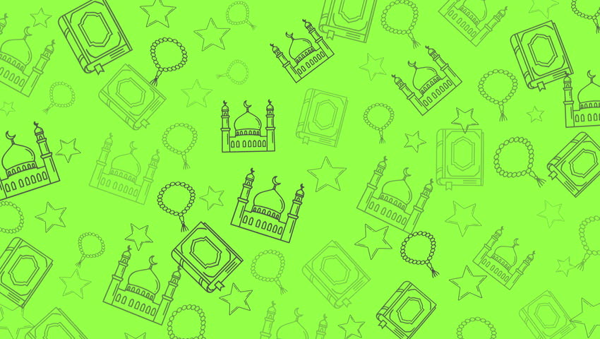 Seamless looping animation of Islamic Ramadan icons pattern with mosque, Quran, prayer beads, and stars. Clean line style on green background, ideal for motion graphics and festive visuals.