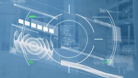 Animation of scope scanning and data processing over empty office. Global business finances connections and digital interface concept digitally generated video. - Powered by Shutterstock - Get 15% off with code: PIKWIZARD15