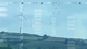 Animation of infographic interface with computer icons over windmill spinning on landscape. Digital composite, multiple exposure, database, sustainable energy, wind power, business and technology. - Powered by Shutterstock - Get 15% off with code: PIKWIZARD15