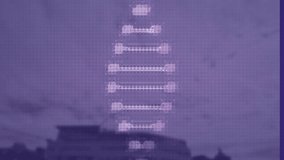 Animation of dna structure spinning against aerial view of cityscape. Medical research and science technology concept - Powered by Shutterstock - Get 15% off with code: PIKWIZARD15