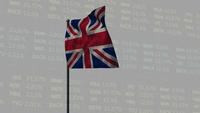 Animation of mathematical symbols over waving uk flag against stock market data processing. Global economy and business technology concept - Powered by Shutterstock - Get 15% off with code: PIKWIZARD15