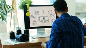 Animation of digital icons over male graphic designer holding a document and color swatch. Computer interface and business technology concept - Powered by Shutterstock - Get 15% off with code: PIKWIZARD15