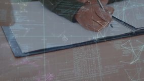 The executive is writing on a document at her desk in the office. Global business digital interface global and data processing concept digitally generated video. - Powered by Shutterstock - Get 15% off with code: PIKWIZARD15