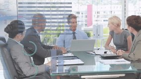 Animation of financial data processing over diverse businessmen happy businessmen and headsets. Global business finance connections and digital interface concept digitally generated video. - Powered by Shutterstock - Get 15% off with code: PIKWIZARD15