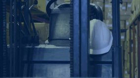 Animation of network of digital icons against close up of forklift machine at warehouse. Global networking and logistics business technology concept - Powered by Shutterstock - Get 15% off with code: PIKWIZARD15