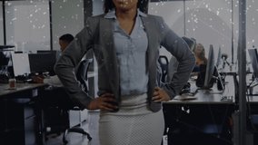 Animation of network of connections against african american businesswoman smiling at office. Global networking and business technology concept - Powered by Shutterstock - Get 15% off with code: PIKWIZARD15