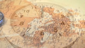 Animation of clock and circular scanner with location space over clocks ticking. Global business finances connections technology data processing and digital interface concept digitally generated - Powered by Shutterstock - Get 15% off with code: PIKWIZARD15