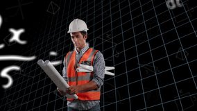 Animation of caucasian architect with blueprint and mathematical equations on black background. Digital composite, engineer, development, planning, formulas, architecture, construction concept. - Powered by Shutterstock - Get 15% off with code: PIKWIZARD15