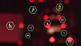 Animation of eco icons data processing over out of focus city lights. Global environment, business, connections, computing and data processing concept digitally generated video. - Powered by Shutterstock - Get 15% off with code: PIKWIZARD15