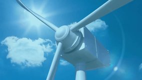 Wind turbine generating energy with red arrow animation under bright blue sky. Renewable, sustainability, power, environment, clean, green - Powered by Shutterstock - Get 15% off with code: PIKWIZARD15