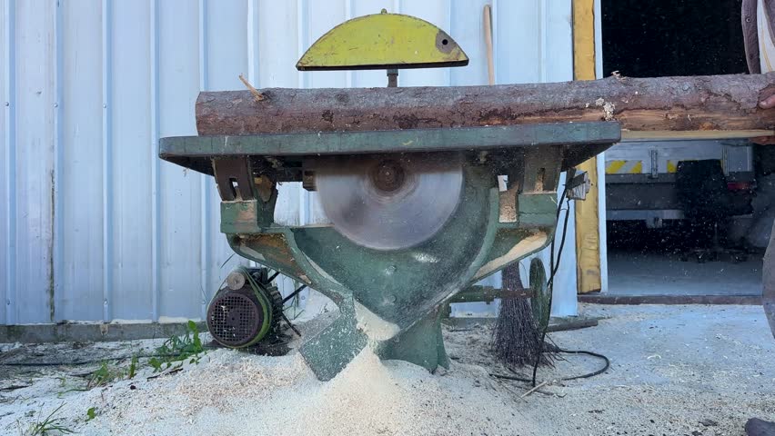 Large log being cut on table saw with exposed blade, hand feeding wood, electric motor