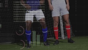 Two male soccer players leaping in front of goal net, showing sports analytics data visualizations. Athletics, competition, performance, digital, futuristic, teamwork, innovation - Powered by Shutterstock - Get 15% off with code: PIKWIZARD15