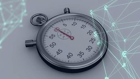 Second hand ticking on stopwatch starting mesh lighting and icons highlighting across overlay. Technology, data, analytics, innovation, digital, networking, finance - Powered by Shutterstock - Get 15% off with code: PIKWIZARD15