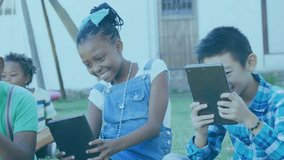 Children tapping tablets on grass, generating animated waveform for educational data visualization. Technology, learning, education, outdoor, collaboration, innovation, youth - Powered by Shutterstock - Get 15% off with code: PIKWIZARD15