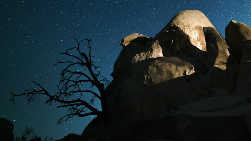 Joshua Tree National Park Starry Sky Over Tree Silhouette and Rock Formation Astrophotography Time Lapse California USA