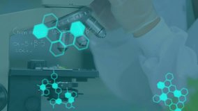 Animation of data processing and chemical formulas over hands of caucasian lab workers. science, chemistry, data processing and technology concept digitally generated video. - Powered by Shutterstock - Get 15% off with code: PIKWIZARD15