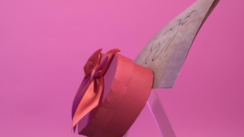 Valentines Day Present, Heart Shaped Gift Box and I Love You Message, Close Up