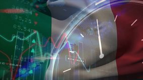Animation of financial data processing with clock over flag of italy. Global business, finance, data processing and networking concept digitally generated video. - Powered by Shutterstock - Get 15% off with code: PIKWIZARD15