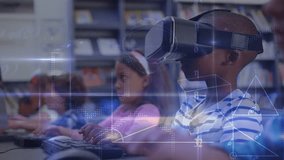 Animation of data processing over diverse schoolchildren using vr headset. Global education and digital interface concept digitally generated video. - Powered by Shutterstock - Get 15% off with code: PIKWIZARD15
