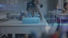 Animation of network of connections over african american girl using tablet at school. School, education, learning, connections and technology concept digitally generated video. - Powered by Shutterstock - Get 15% off with code: PIKWIZARD15