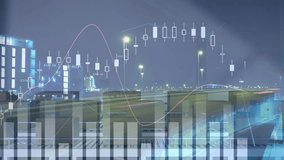 Animation of graphs on digital interface, cardboard boxes moving on conveyer belt against city. Digital composite, multiple exposure, technology, business, progress, freight transportation. - Powered by Shutterstock - Get 15% off with code: PIKWIZARD15