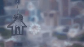 Animation of silver hanging house keys over covid-19 cells against blurred background. Relocation and real estate concept - Powered by Shutterstock - Get 15% off with code: PIKWIZARD15