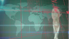 Animation of geometric shapes, computer language, connected icons over portrait of caucasian woman. Digital composite, multiple exposure, global, business, coding, communication, technology. - Powered by Shutterstock - Get 15% off with code: PIKWIZARD15