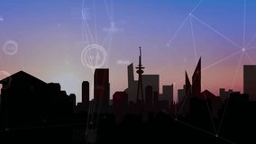 This video is a digital composite of a city skyline at dusk with data connection lines and charts. The video illustrates the concept of data processing and digitally generated interfaces. - Powered by Shutterstock - Get 15% off with code: PIKWIZARD15