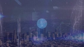Animation of connected icons, binary codes and computer language over aerial view of cityscape. Digital composite, multiple exposure, skyscrapers, coding, machine learning and communication concept. - Powered by Shutterstock - Get 15% off with code: PIKWIZARD15