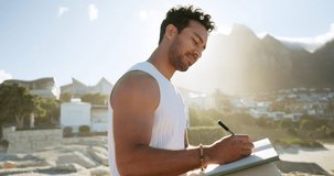 Man, outdoor and writing with journal for goal setting, personal development plan and self awareness. Daily reflection, notes and person with diary for mindfulness activity, inspiration and insight. - Powered by Shutterstock - Get 15% off with code: PIKWIZARD15