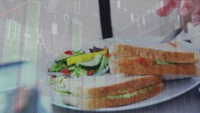 Animation of statistical data processing over mid section of a woman using a smartphone at a cafe. Global networking and business data technology concept - Powered by Shutterstock - Get 15% off with code: PIKWIZARD15