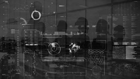 Animation of circles, bars, radar, globe, dna helix, map and shadow of people over cityscape. Digital composite, multiple exposure, globalization, molecule, progress, abstract, buildings, business. - Powered by Shutterstock - Get 15% off with code: PIKWIZARD15