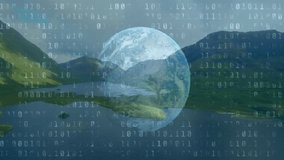 Binary code scrolling initiating globe fading as line graph and bars showing financial trends. Technology, finance, analytics, data visualization, digital, innovation, economy - Powered by Shutterstock - Get 15% off with code: PIKWIZARD15