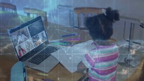 Girl powering laptop joining online class, sketching with pencils as data overlays showing network. E-learning, remoteeducation, youthful, creativity, digitalconnection, homeoffice, studymode - Powered by Shutterstock - Get 15% off with code: PIKWIZARD15