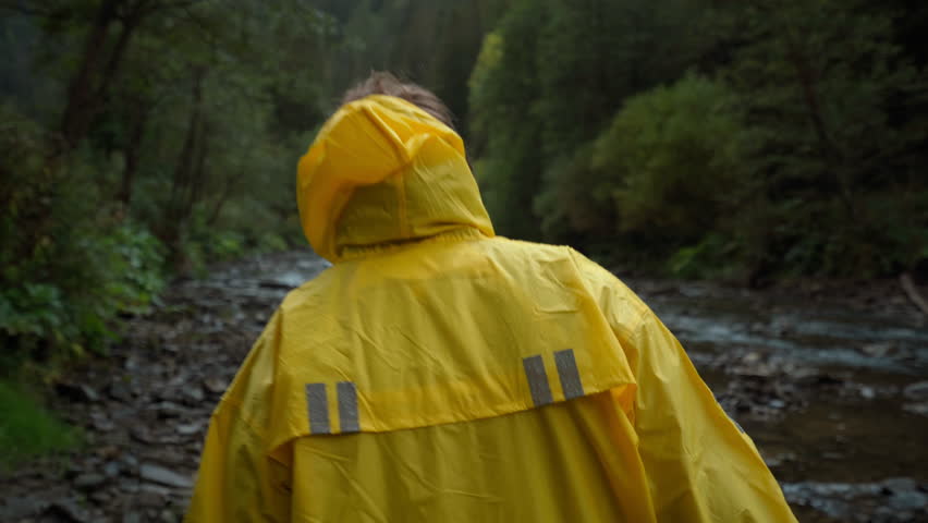 White woman in yellow raincoat walking riverbank, through rocky streambed and dense green forest, slow steady steps, reflective solitude, field biologist