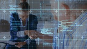 Animation of data processing over diverse business people wearing tablet. Global business finance stock market and technology concept digitally generated video. - Powered by Shutterstock - Get 15% off with code: PIKWIZARD15