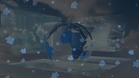 Animation of jigsaw puzzle and microprocessor connections over globe against purple background. Global networking and business technology concept - Powered by Shutterstock - Get 15% off with code: PIKWIZARD15