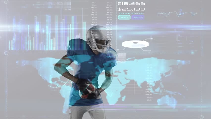 Animation of african american male rugby player over data processing. Global sport and digital interface concept digitally generated video.