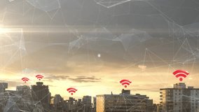 Animation of network of connections and social media icons over cityscape. Global social media, connections, networks and data processing concept digitally generated video. - Powered by Shutterstock - Get 15% off with code: PIKWIZARD15