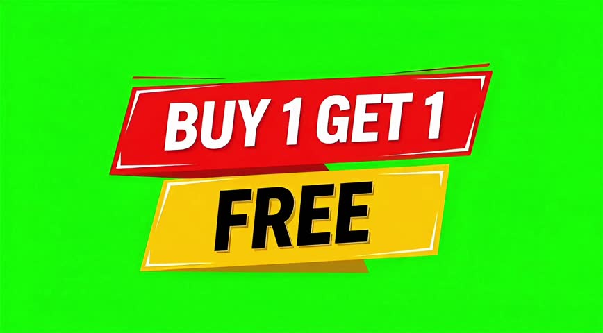Buy one get one free promotion , A vibrant, attention-grabbing graphic featuring two overlapping, angled banners against a bright, solid lime green background. The top banner is a rich, deep red with a subtle, almost matte finish, displaying the white, sans-serif text "BUY 1 GET 1" in bold, uppercase letters. The bottom banner is a striking, bright yellow with a slightly glossy sheen, showcasing the word "FREE" in large, bold, black, sans-serif uppercase letters, with a subtle white outline that makes it pop. Both banners have a subtle, almost painterly stroke effect along their edges, hinting at a slightly textured paper or cardstock feel. The overall composition is dynamic due to the angle of the banners, creating a sense of urgency and excitement, perfect for a promotional advertisement. The lighting is even and bright, with no harsh brights, ensuring maximum visibility of the text and colors. The mood is energetic, bold, and undeniably promotional.