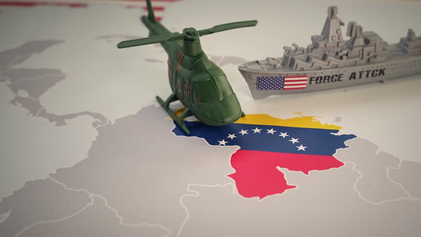 Conceptual video showing a military conflict between Venezuela and the USA, with toy models of a helicopter and a warship on a map, symbolizing the US intervention in Venezuela, geopolitical tension
